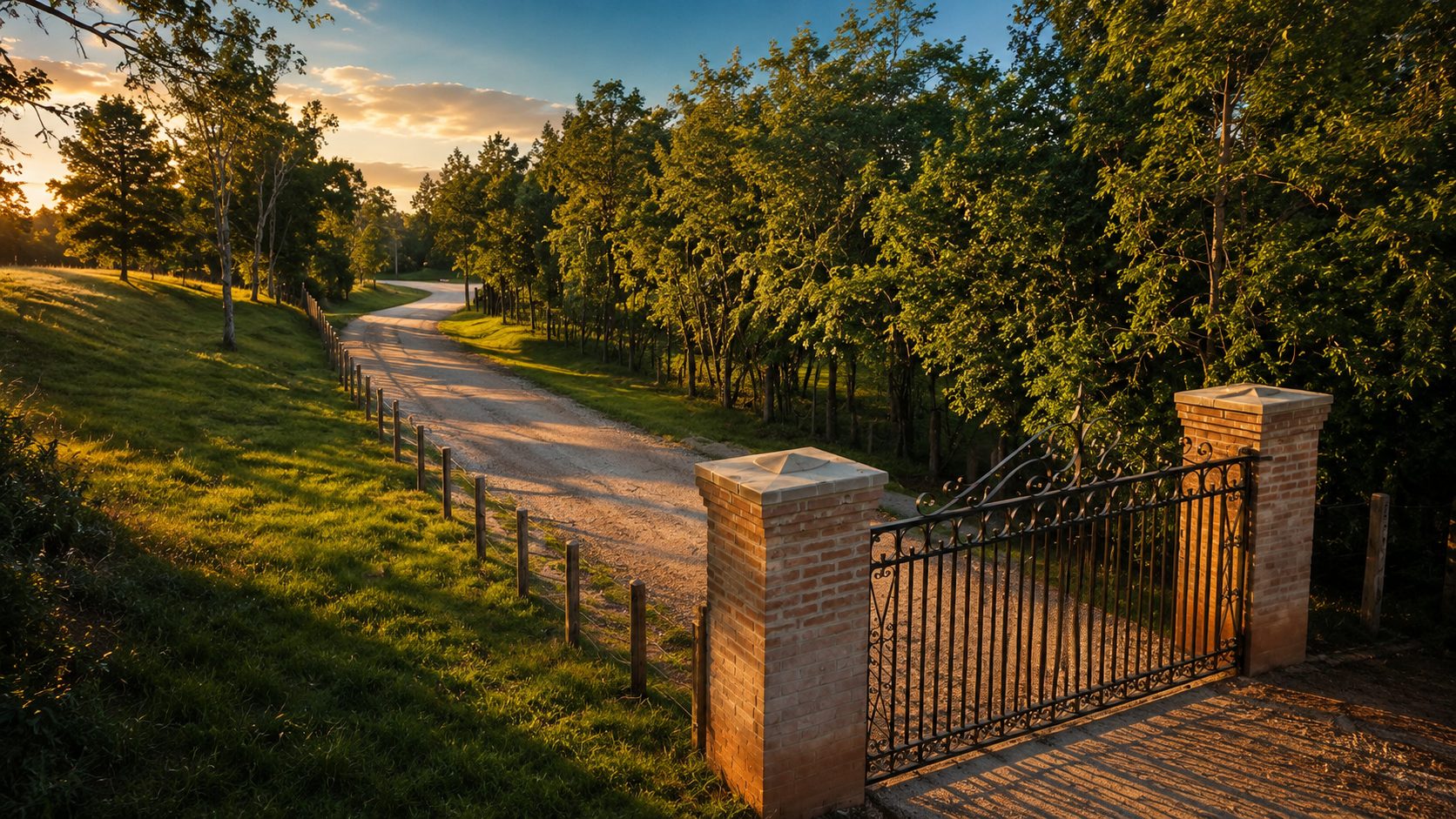 Portão de entrada do Prima Vera ao entardecer, em Piracaia